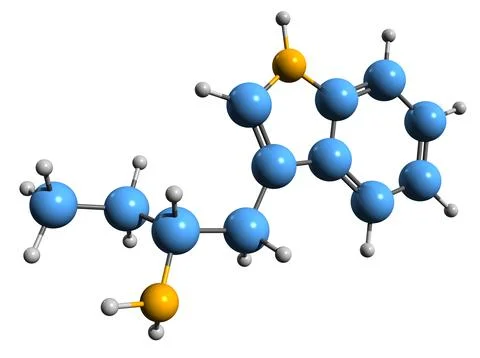 3D image of alpha-Ethyltryptamine skeletal formula Stock Illustration