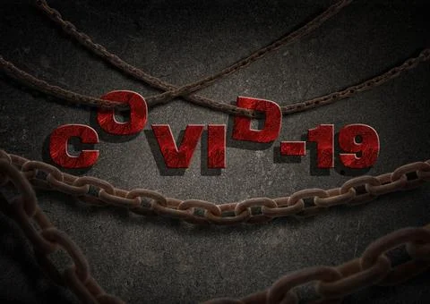 3D-image and 3D-rendering. The blood-red inscription kovid-19 on the concrete Stock Illustration