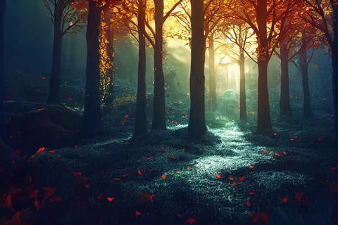 3D-image of autumn forest filled with lots of trees and leaves, volumetric li Stock Illustration