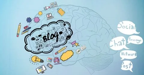 3d image of brain with various icons and speech bubbles Stockillustratie