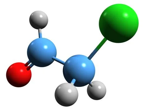3D image of Chloroacetaldehyde skeletal formula Stock Illustration