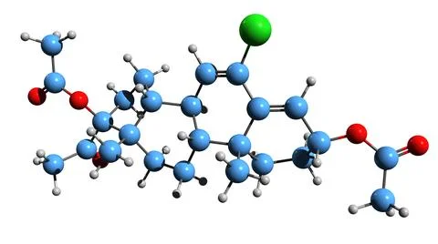 3D image of Clogestone acetate skeletal formula Illustrazione stock