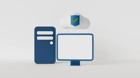 3D image of computer with white screen and cloud storage with security icon o Stock Photos