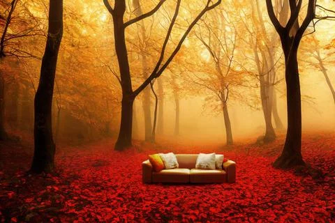3D-image of a cozy couch with pillows in the middle of an autumn forest イラスト素材