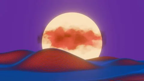 This 3D image features a minimalist design of a retro wave landscape with a s Stock Illustration