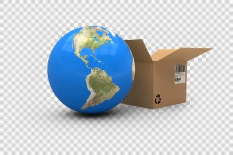 3D image of globe with brown courier box Foto stock