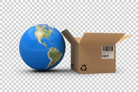 3D image of globe by cardboard box Stock Photos