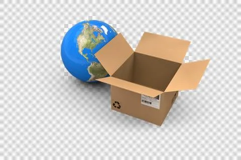 3D image of globe by empty cardboard box Stock Illustration