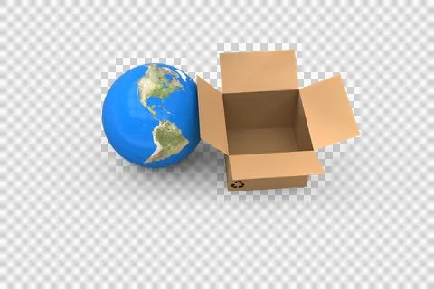 3D image of globe with empty cardboard box Stock Photos
