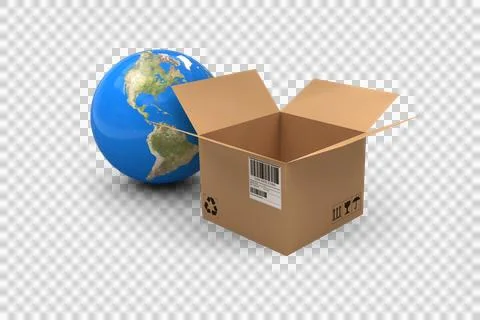 3D image of globe by open cardboard box Illustrazione stock