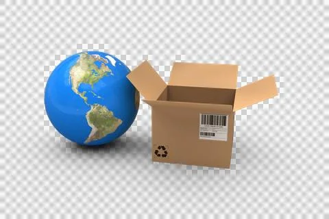 3D image of globe with open cardboard box 스톡 사진
