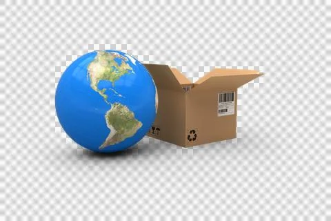 3D image of globe with open courier box 스톡 사진