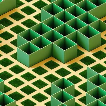 3D-image of green grass and boxes. Seamless pattern Stock Illustration