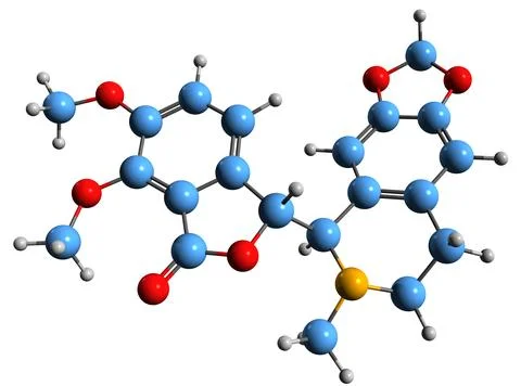3D image of Hydrastine skeletal formula Stock Illustration