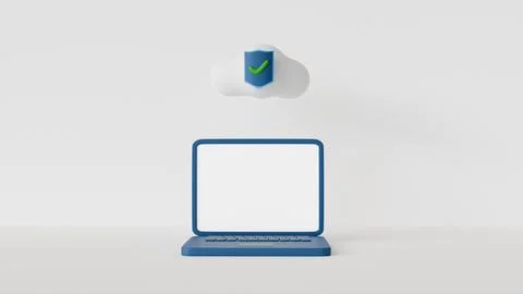 3D image of laptop with white screen and cloud storage and security sign on.. Stock Photos