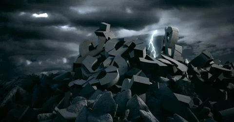3D image of lightning clouds over broken dollar sign and rocks Stock Photos