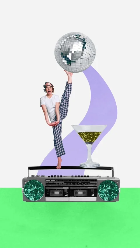 3d image motion collage video of happy girl wear pajamas dance disco ball party Stock Footage 303158647