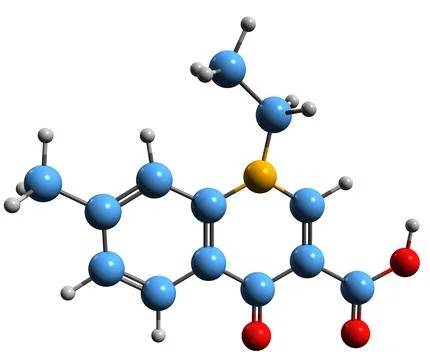 3D image of Nalidixic acid skeletal formula Stock Illustration