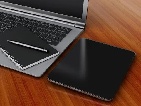3d image. Office workplace with digital tablet and laptop pc. Business concep Stock Photos