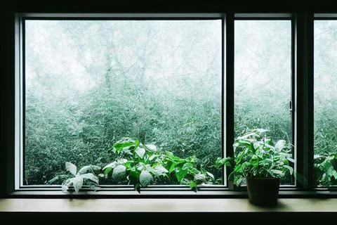3D-image of the opened window with a view of a rainy green garden Stock Illustration