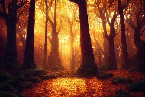 3D-image of a path through a magical autumn forest Stock Illustration