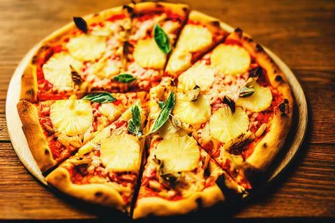 3D-image of pineapple pizza. Shallow depth of field. Photo-realistic illustra Stock Illustration