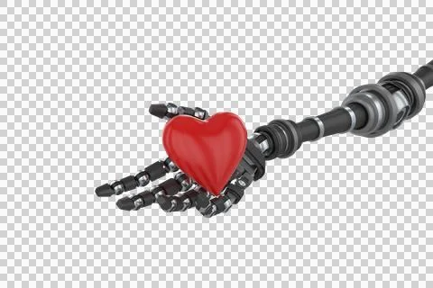 3d image of robot hand holding heard shape decoration Stock Photos
