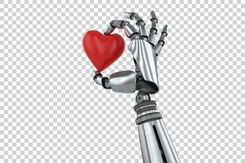 3d image of robot hand holding red heard shape decoration Stock Photos