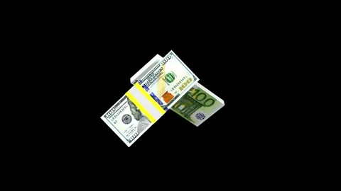 The 3D image shows two bundles of dollar and euro banknotes on black. Vidéo 334684054