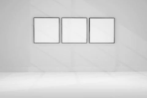 3d image of Three empty photo frames hanging on house wall - realistic mockup Stock Photos