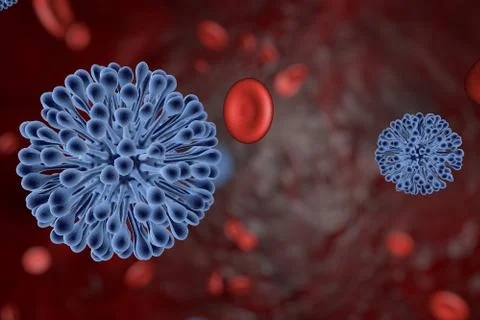 3D Image of a virus against a background of red blood cells Stock Illustration