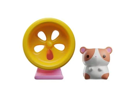 3D image of a white hamster with orange spots sitting next to a treadmill toy Stock Illustration