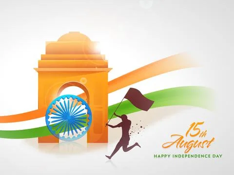3D India Gate Monument with Ashoka Wheel and Brown Silhouette Man holding I.. Stock Illustration