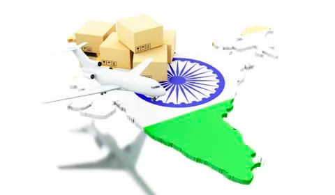3d India map with cardboard boxes and airplane イラスト素材