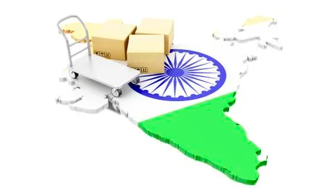 3d India map with cardboard boxes and hand truck. 스톡 일러스트