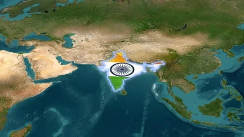 3D India Map with Glowing Border and Waving Flag Marker on World Satellite Globe Stock Footage 340502019