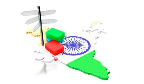 3d India map with suitcases and signpost Ilustración de archivo