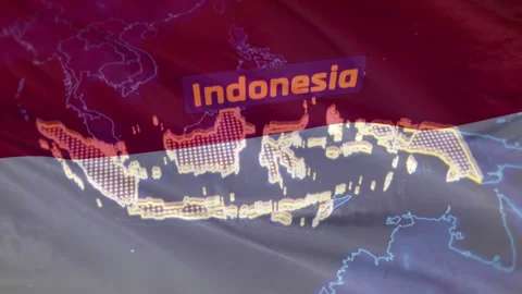 3D Indonesia Map and Sign Over Waving Indonesian Flag Stock Footage 336478842