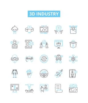 3d industry vector line icons set. 3D, Industry, Printing, Modeling, Rendering Stock Illustration