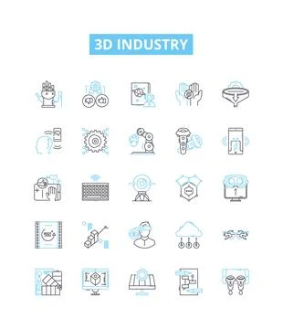 3d industry vector line icons set. 3D, Industry, Printing, Modeling, Rendering Stock Illustration
