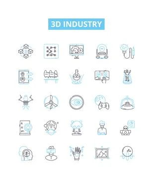 3d industry vector line icons set. 3D, Industry, Printing, Modeling, Rendering Stock Illustration