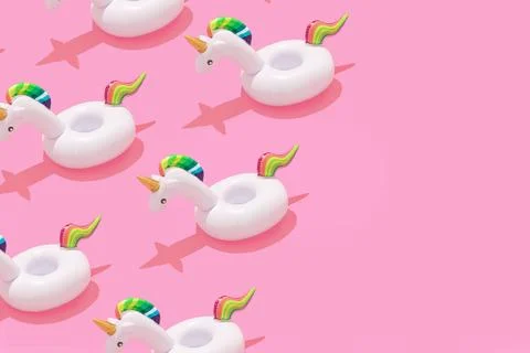 3D of inflatable unicorn pool toy pattern on a pastel pink background - summer c Stock Illustration