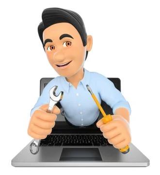 3D Information technology technician coming out a laptop screen with a wren.. Stock Illustration