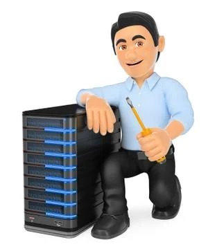 3D Information technology technician with a server Stock Illustration