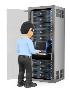 3D Information technology technician working in rack network server room Stock Illustration