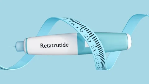 A 3D injector pen labeled "Retatrutide" and flexible measuring tape. Stock Footage 339565697