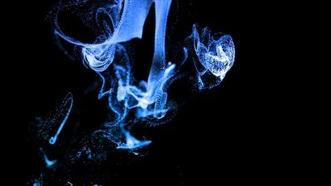 3d ink effect of advection, luminous blue particles float in liquid. Glow Stock Footage 114607120