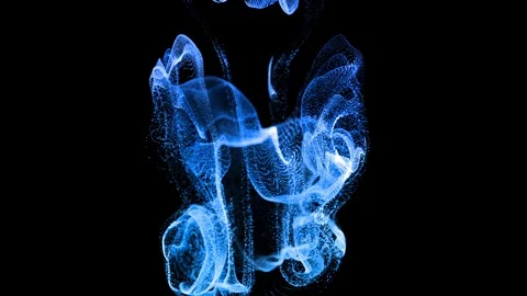 3d ink effect of advection, luminous blue particles float in liquid. Glow Stock Footage 114614979