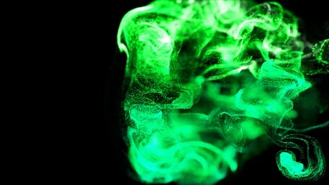 3d ink effect of advection, luminous green particles float in liquid. Glow Stock Footage 114621942