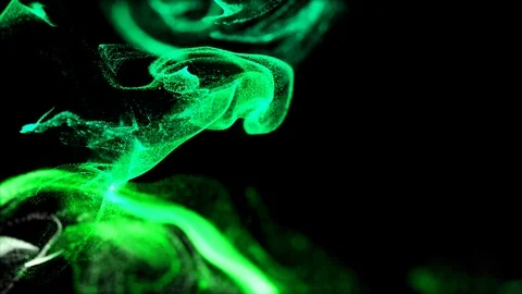3d ink effect of advection, luminous green particles float in liquid. Glow Stock Footage 114624166